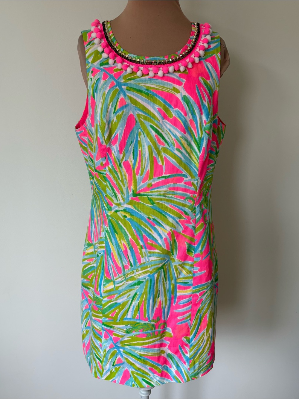 Lilly Pulitzer Mila Shift Tiki Pink Royal Lime Tropical Leaf Print Shift Dress 8
